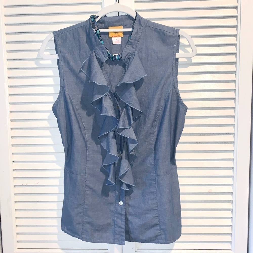 Ruby Rd. Blue Button up Sleeveless ruffled Blouse - Picture 3 of 7